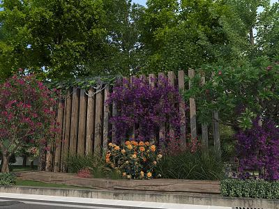 Wooden Pergola Design With Lush Green Trees Purple Flowers And Pink Blooms 3d model