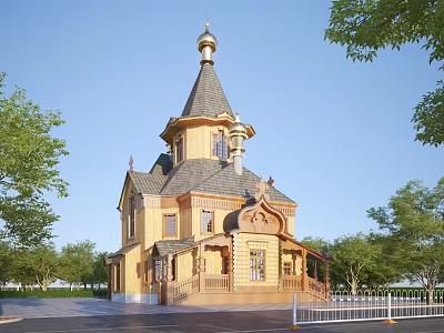 Traditional Yellow Church Building With Golden Dome Steeple And White Fence Surrounded By Trees 3d model