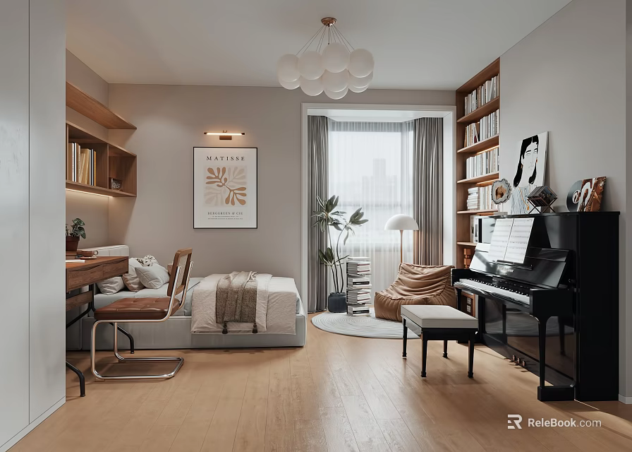 Modern Kids Room Interior Design With Bed Desk Bookshelves Piano And Chandelier 3d model 