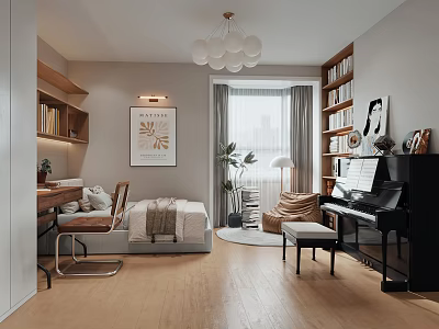 Modern Kids Room Interior Design With Bed Desk Bookshelves Piano And Chandelier 3d model