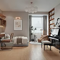 Modern Kids Room Interior Design With Bed Desk Bookshelves Piano And Chandelier
