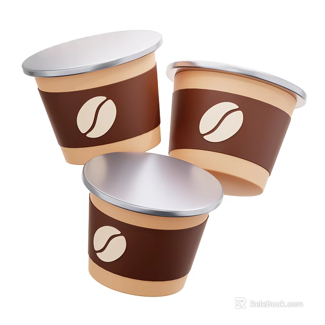 Takeaway Coffee Beverage Cups With Silver Lids Brown Sleeves And Bean Logo 3d model 