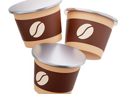 Takeaway Coffee Beverage Cups With Silver Lids Brown Sleeves And Bean Logo 3d model