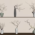 Various Shaped Vases With Twig Flowers On Wooden Shelves Light Wall Background