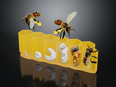 Flying Insect Bees In Honeycomb Structure With Larvae Pupa And Adult Life Stages 3d model
