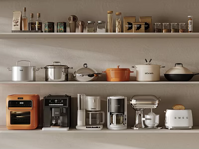 Organized Kitchen Shelves Displaying Various Kitchen Appliances With Jars And Cookware 3d model
