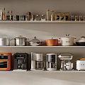 Organized Kitchen Shelves Displaying Various Kitchen Appliances With Jars And Cookware 3d model