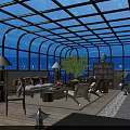 Modern Rooftop Garden With Glass Roof Sofa Bookshelf Tables Chairs Plants And Night View