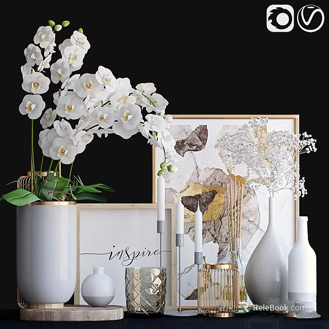 Elegant Decorative Ornament Set With White Orchids Butterfly Art Golden Accents And Inspire Framed Decor 3d model 