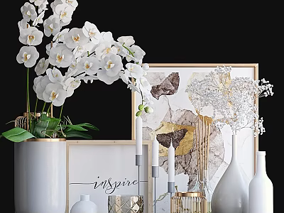 Elegant Decorative Ornament Set With White Orchids Butterfly Art Golden Accents And Inspire Framed Decor 3d model