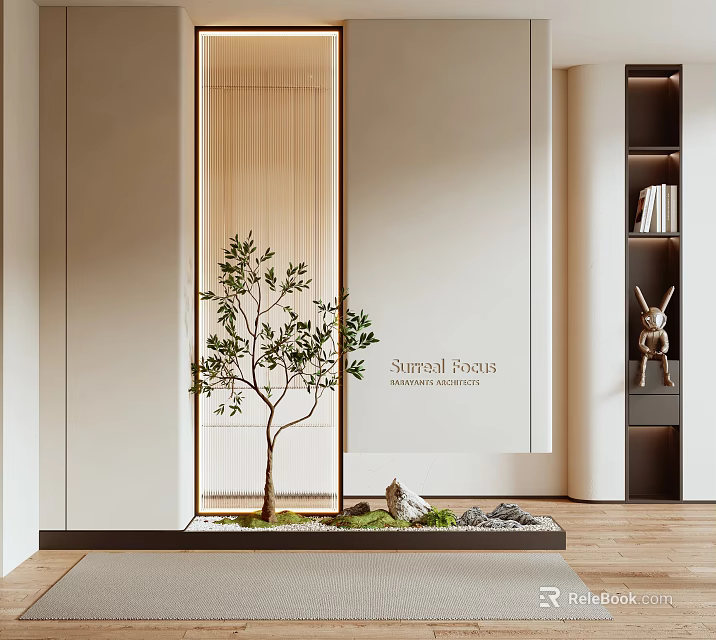 Modern Indoor Bonsai Plant Display with Glass Partition Bookshelf and Decorations 3d model 