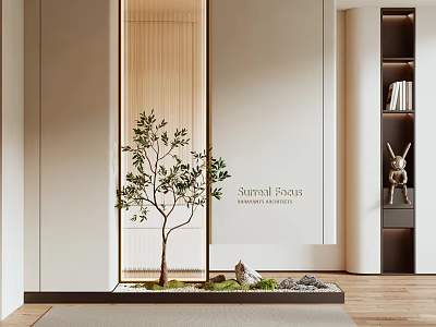 Modern Indoor Bonsai Plant Display with Glass Partition Bookshelf and Decorations 3d model