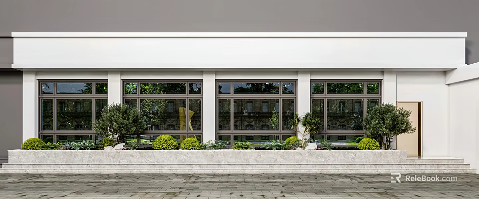 Beautiful Garden Front With Large Glass Windows Neat Green Plants And Stone Pavement 3d model 