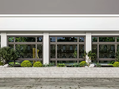 Beautiful Garden Front With Large Glass Windows Neat Green Plants And Stone Pavement 3d model