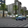 Urban Road Facilities Featuring Zebra Crossing Blue Car Palm Trees And Modern Buildings At Intersection