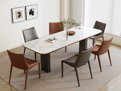 Modern Dining Table Set with Marble Top Brown Gray Chairs and Potted Plant Decor 3d model