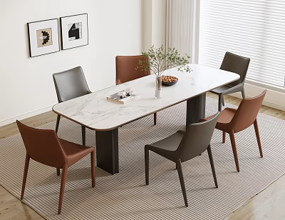 Modern Dining Table Set with Marble Top Brown Gray Chairs and Potted Plant Decor 3d model