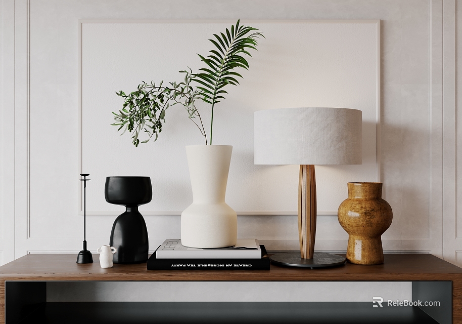 Modern Decorative Ornament Combination With Ceramic Vases Green Plants And Wooden Table Lamp 3d model 