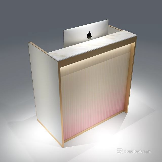 Modern Store Reception Desk With Marble Countertop Apple Computer And Gradient Pink Panel 3d model 