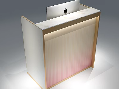 Modern Store Reception Desk With Marble Countertop Apple Computer And Gradient Pink Panel 3d model