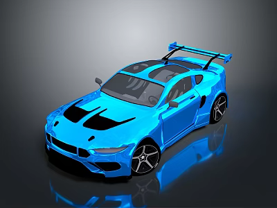 Blue Sports Car With Rear Spoiler Black Stripes Black Wheels And 3D Rendered Sporty Exterior 3d model