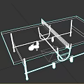 Sports Equipment Table Tennis Table With Blue Surface White Lines Paddles And Ball On Top