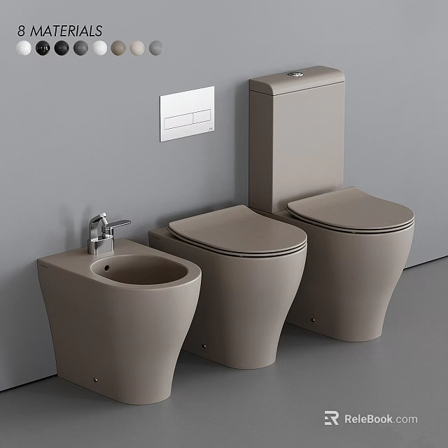 Modern Beige Toilets And Bidet In Minimalist Bathroom Grey Wall Interior 3d model 