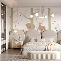 Kids Room With Forest Theme Wallpaper Bear Deer Patterns Chandelier Upholstered Headboard Rug And Nightstands