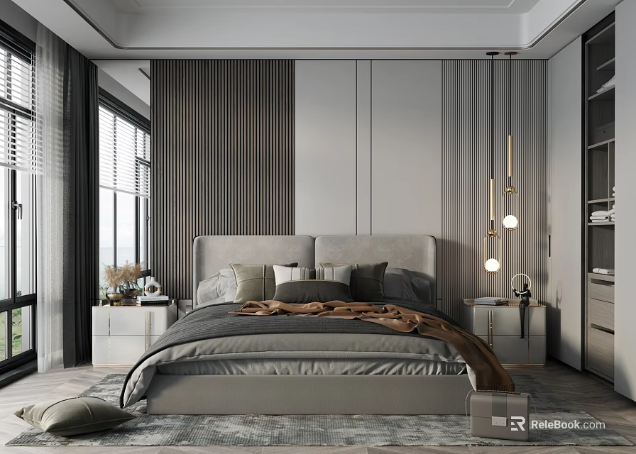 Modern Bedroom Interior Design With Gray Bed Striped Wall Nightstands Pendant Lights And Area Rug 3d model 