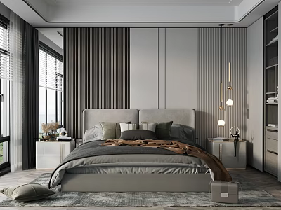 Modern Bedroom Interior Design With Gray Bed Striped Wall Nightstands Pendant Lights And Area Rug 3d model