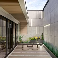 Modern Courtyard Garden With Stone Pathway Greenery Lawn And Lighting Features