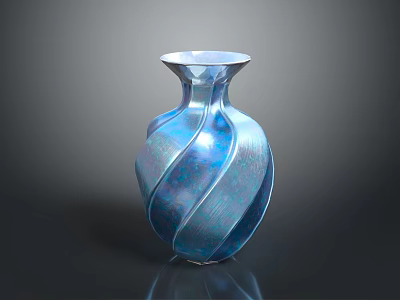Blue Iridescent Carved Vase with Twisted Spiral Pattern and Glossy Sculpted Finish 3d model