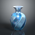 Blue Iridescent Carved Vase with Twisted Spiral Pattern and Glossy Sculpted Finish