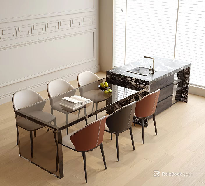 Modern Dining Table And Chairs Set With Glass Top Gray And Brown Upholstered Seats 3d model 