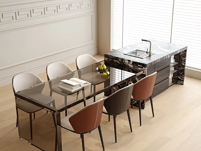 Modern Dining Table And Chairs Set With Glass Top Gray And Brown Upholstered Seats 3d model