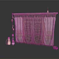 Textured Fabric Curtain With Patterned Design Hanging On Rod And Decorative Items