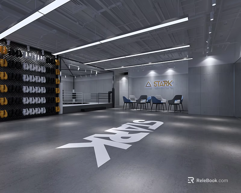 Modern STARK Fitness Gym Interior With Boxing Ring And Equipment Storage Wall 3d model 