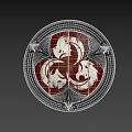 Round Decorative Shield With Ornate Frame Red And White Pattern Wooden Texture And Metal Accents