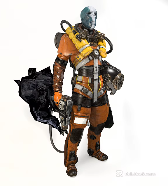 Game Movie Character In Orange Black Armor With Yellow Gear Helmet And Weapon 3d model 