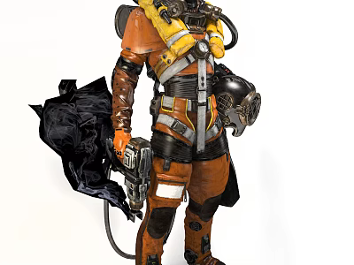 Game Movie Character In Orange Black Armor With Yellow Gear Helmet And Weapon 3d model