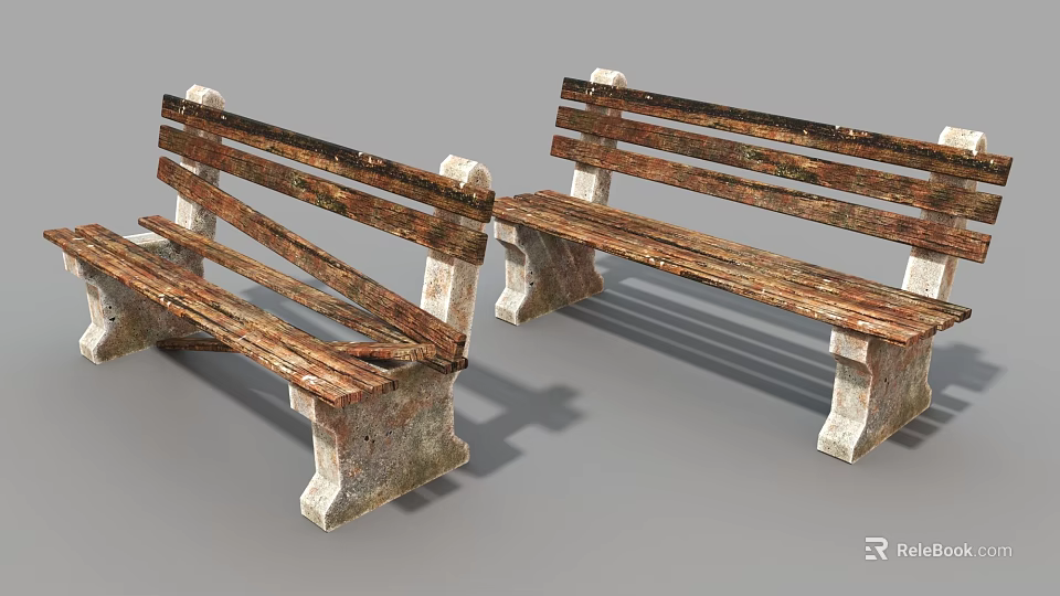 Two Worn Wooden Leisure Chairs With Sturdy Stone Bases And Vintage Appearance 3d model 