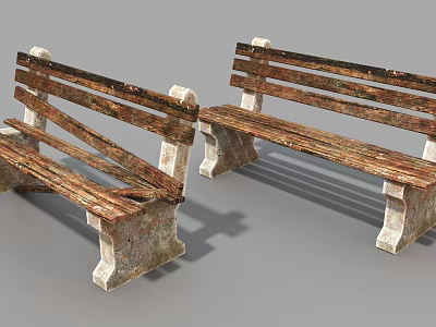 Two Worn Wooden Leisure Chairs With Sturdy Stone Bases And Vintage Appearance 3d model