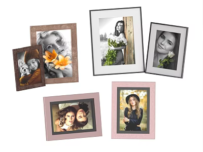 Multiple Photo Frames In Various Styles Displaying Portrait Photos With Flowers And Black White 3d model