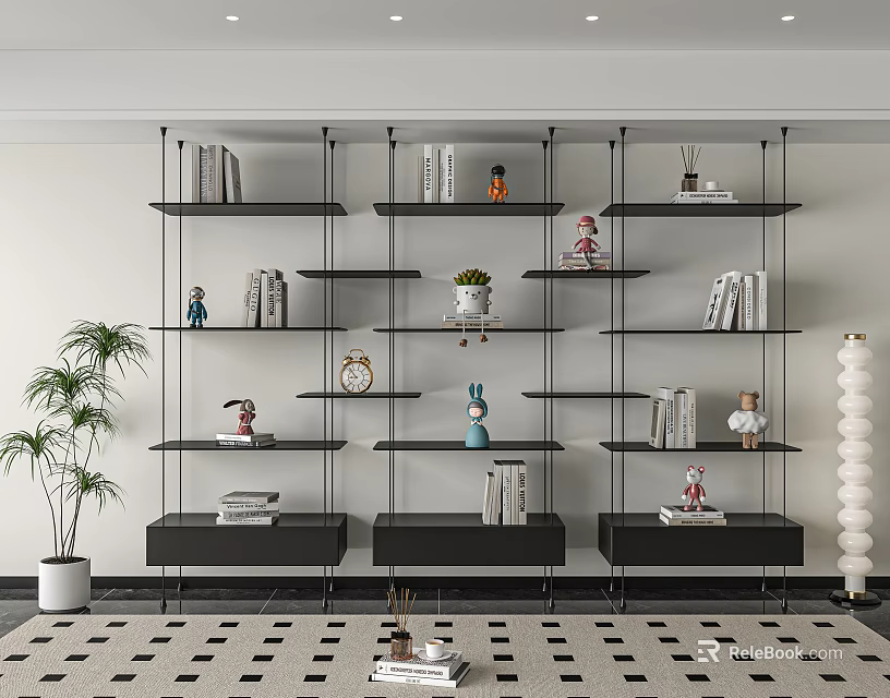 Black Multi Tiered Shelving Unit With Books Decorative Plants And Clock In Modern Living Room 3d model 