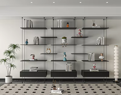 Black Multi Tiered Shelving Unit With Books Decorative Plants And Clock In Modern Living Room 3d model