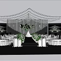 Wedding Banquet Hall With Decorative Lights Chandeliers Greenery Aisle And White Chairs