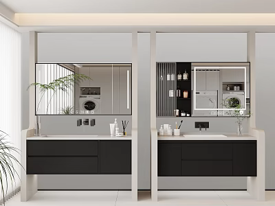 Double Modern Bathroom Vanity With White Countertop Black Cabinets Mirrors Above And Potted Plant 3d model