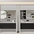 Double Modern Bathroom Vanity With White Countertop Black Cabinets Mirrors Above And Potted Plant