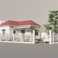 White Single Story House With Red Roof Porch Fence Gate And Front Tree