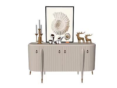 Elegant Modern Console Table With Beige Cabinet Golden Legs Shell Artwork And Deer Figurines 3d model